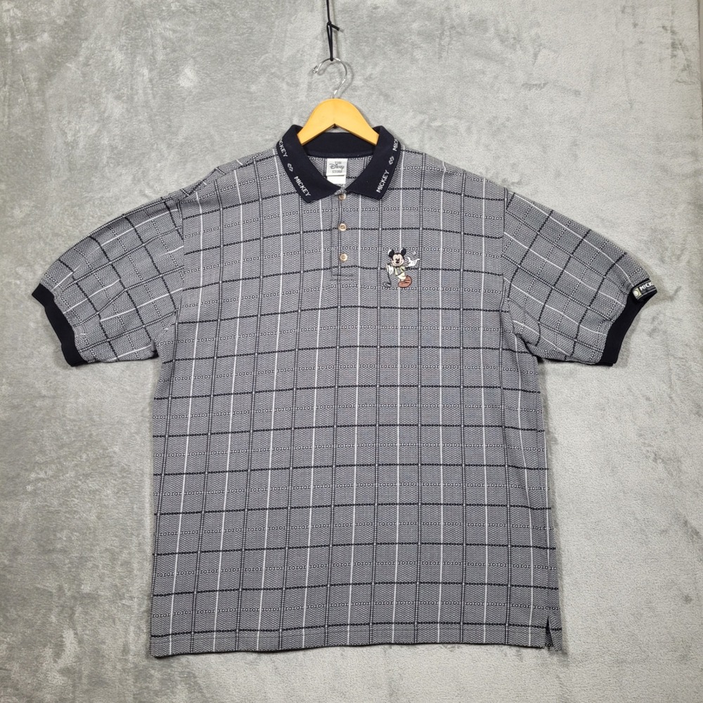 Disney Store Mens XL Mickey Golf Polo Shirt Plaid Embroidered Collared Top Gray